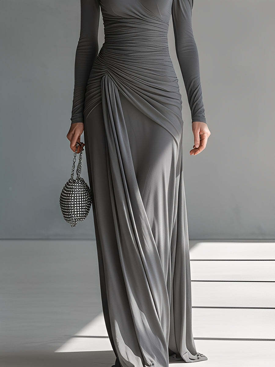 Stretch Knit Long Sleeve High Neck Draped Maxi Dress with Cut-Out Detail