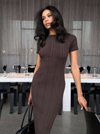 Fitted Short-sleeve Midi Knit Dress