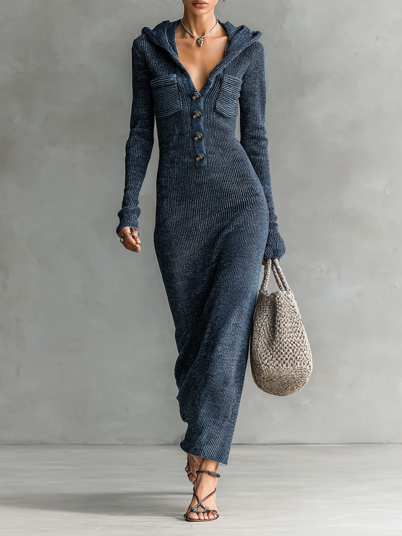Ribbed Knit Hooded Long Sleeve Midi Dress with Button Front and Pockets