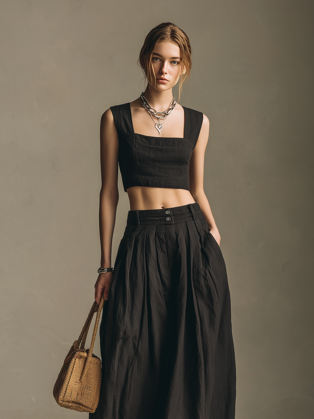 Linen Maxi Skirt with High Waist and Pleated Design - Flowing Black Long Skirt for Women
