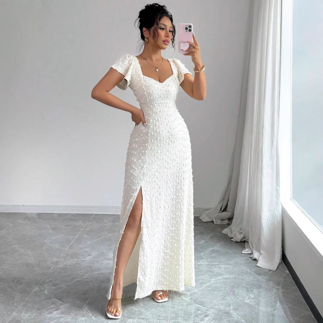 Textured Square Neck Slit Maxi Dress