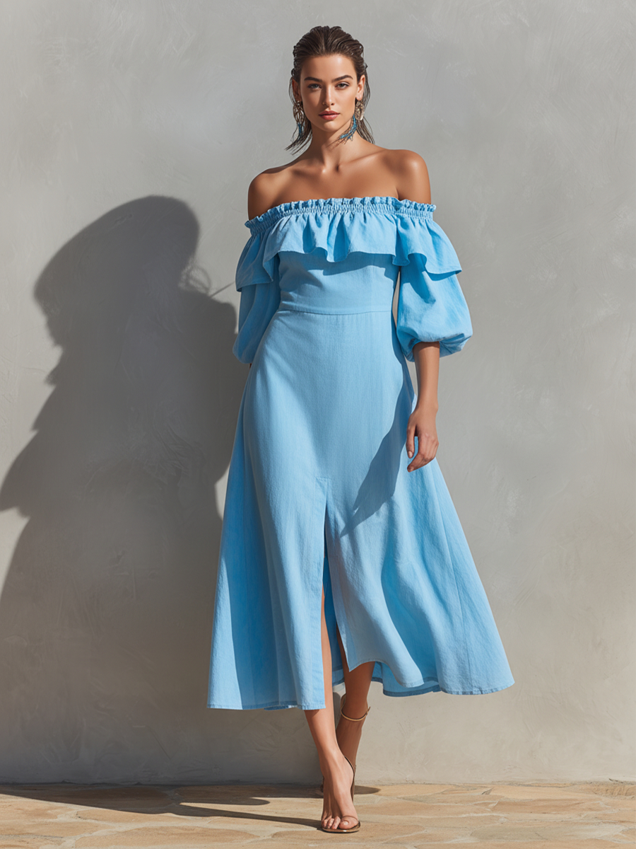 Cotton Off-Shoulder Ruffle Midi Dress with Side Slit and Puff Sleeves