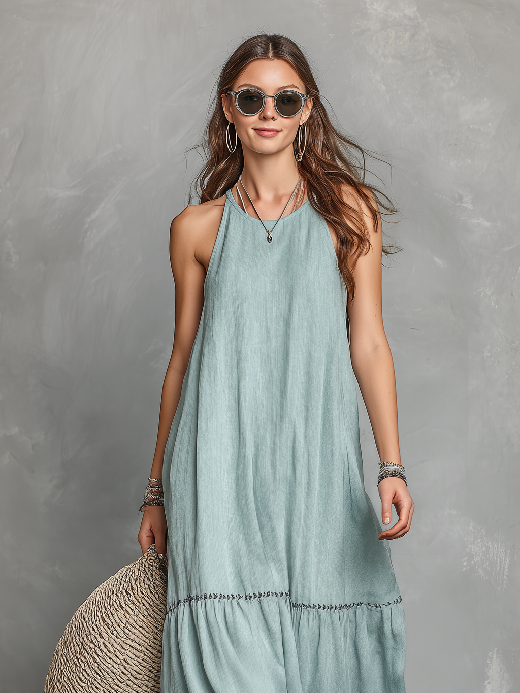 Lightweight Linen Maxi Dress with Tiered Hem and Halter Neckline
