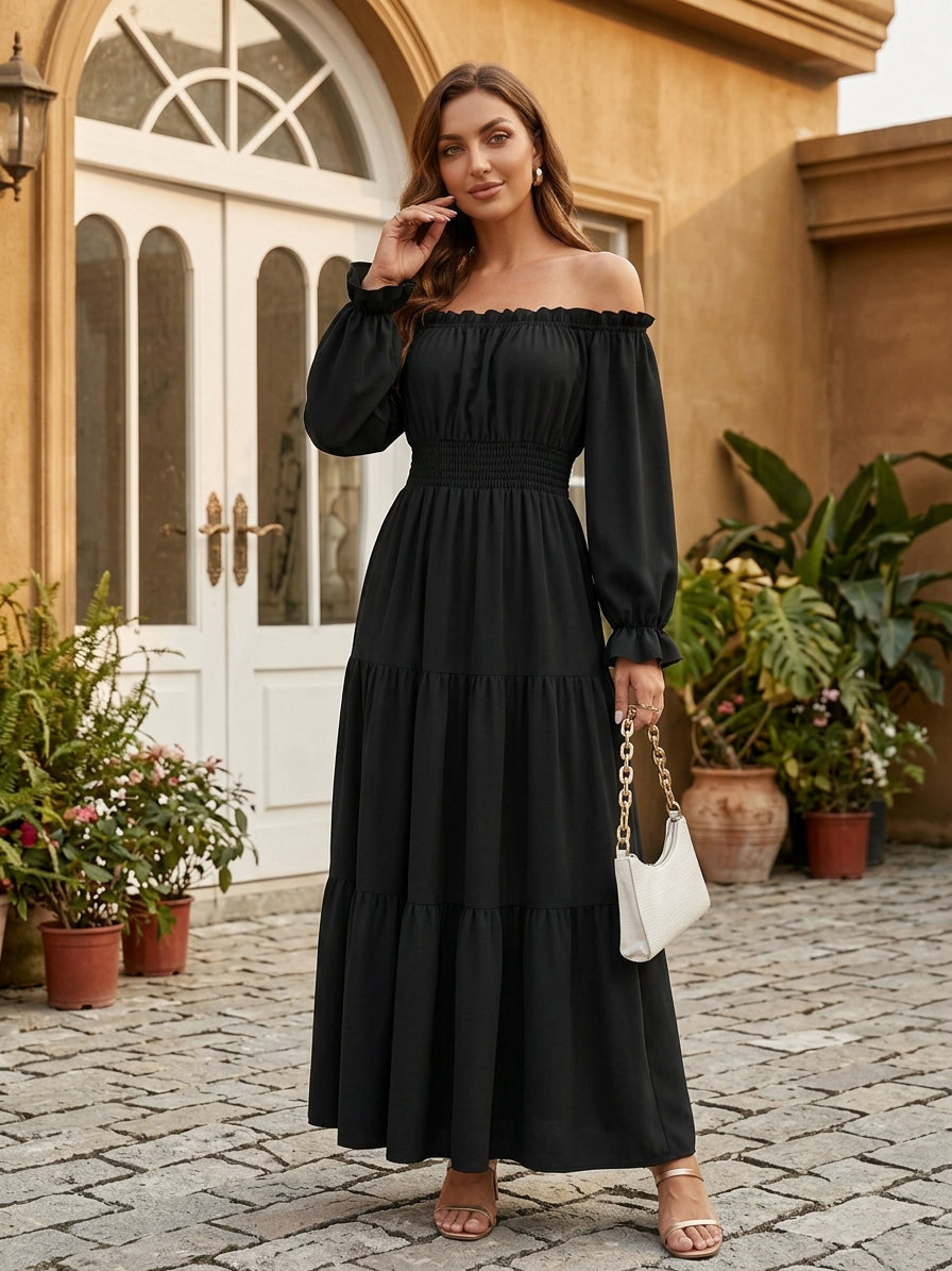 Boho Off-Shoulder Smocked Slit Maxi Dress