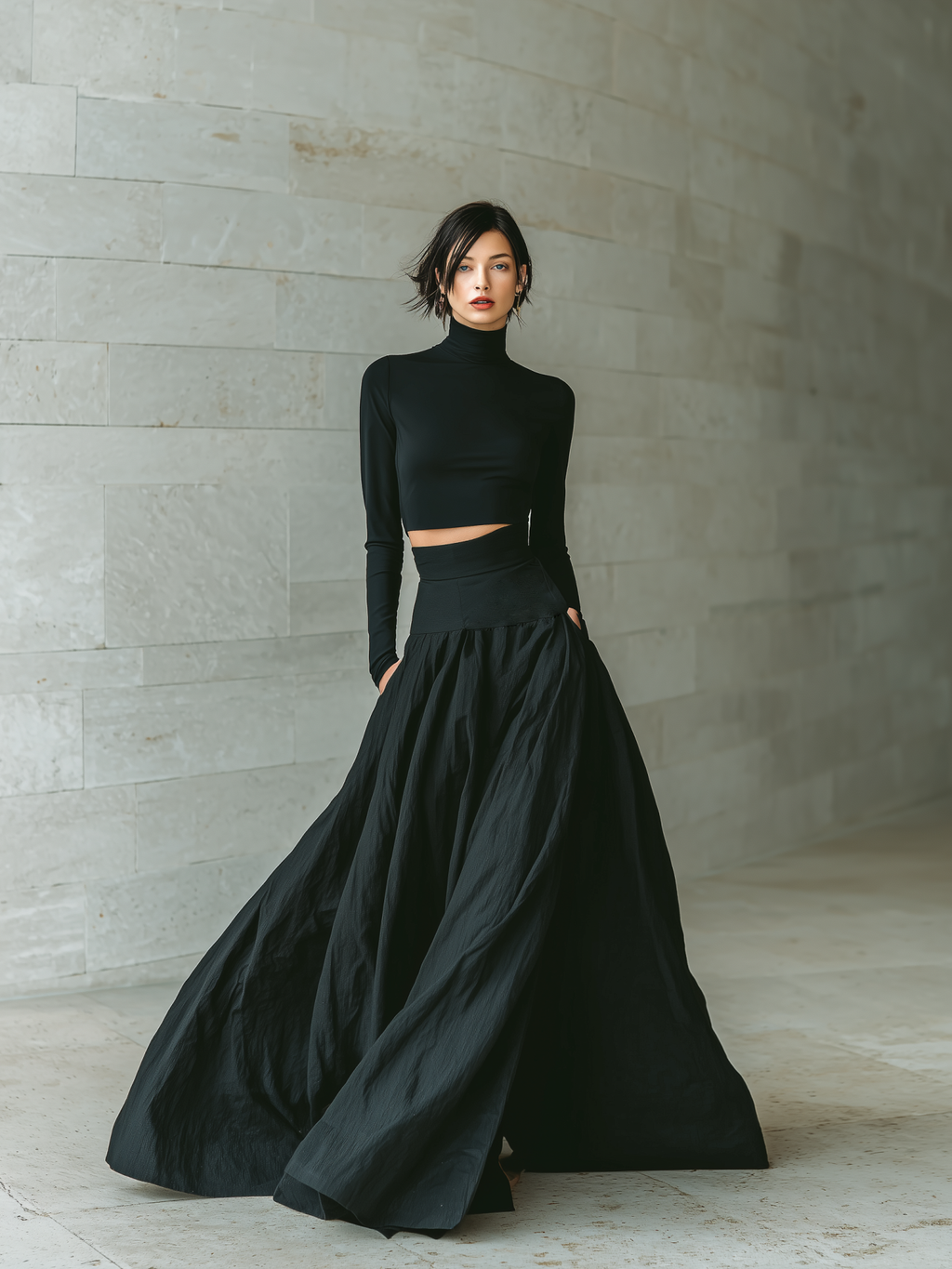 Black Cotton Blend High Waist Pleated Maxi Skirt with Crop Top Set