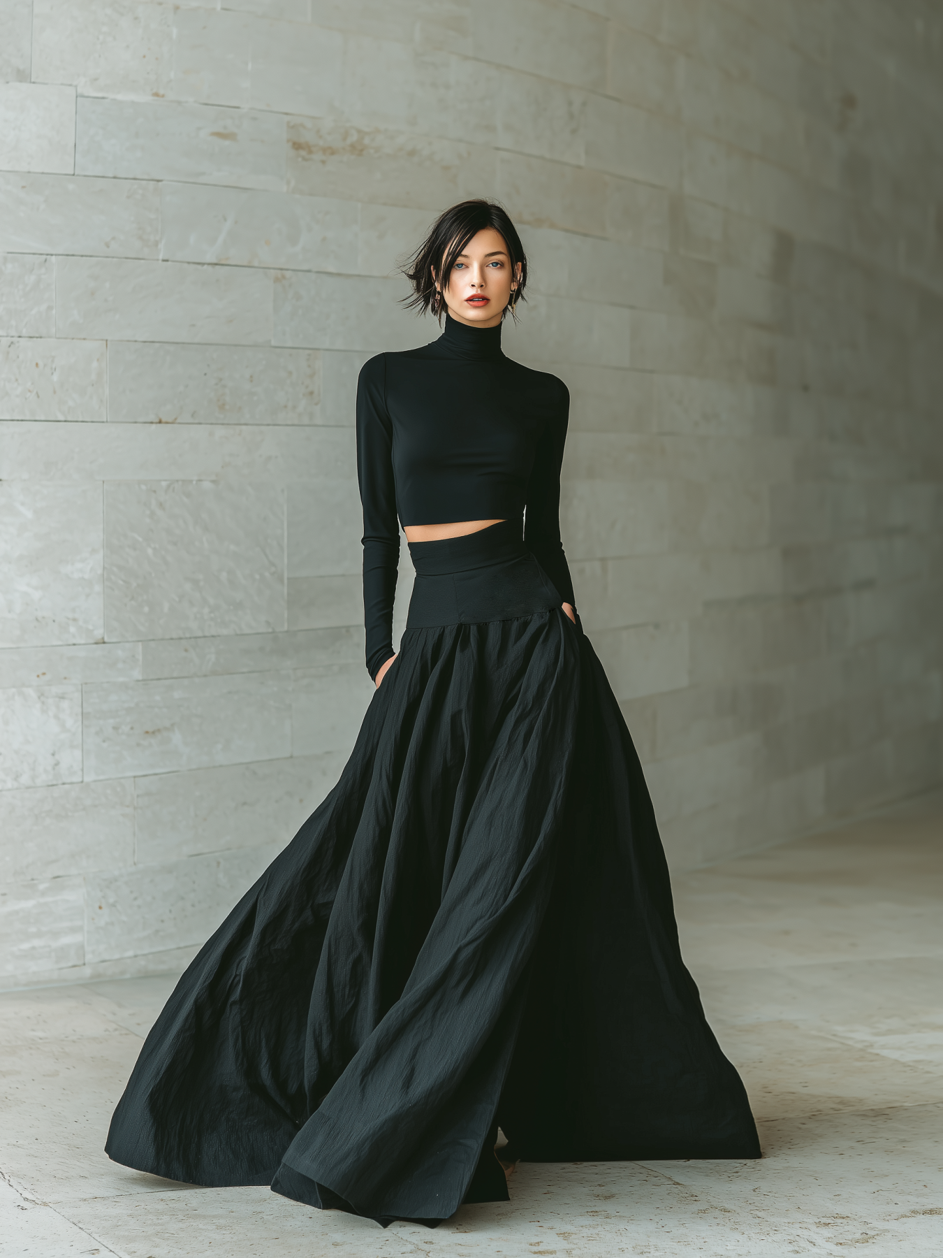 Black Cotton Blend High Waist Pleated Maxi Skirt with Crop Top Set