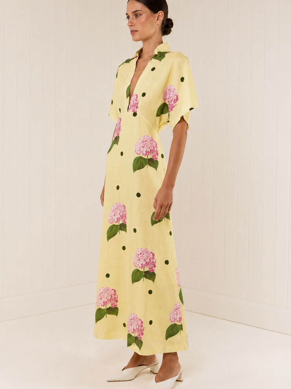 Floral V Neck Linen Midi Dress
