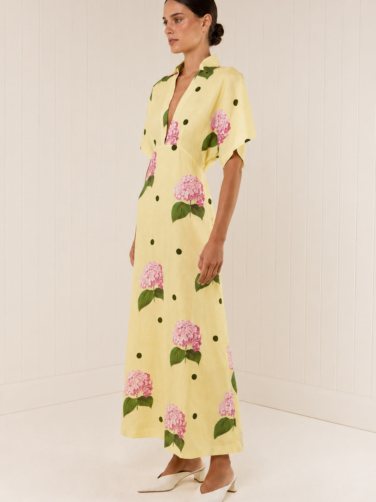 Floral V Neck Linen Midi Dress