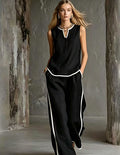 Contrast Trim Linen Sleeveless Top & Wide-Leg Pants Set