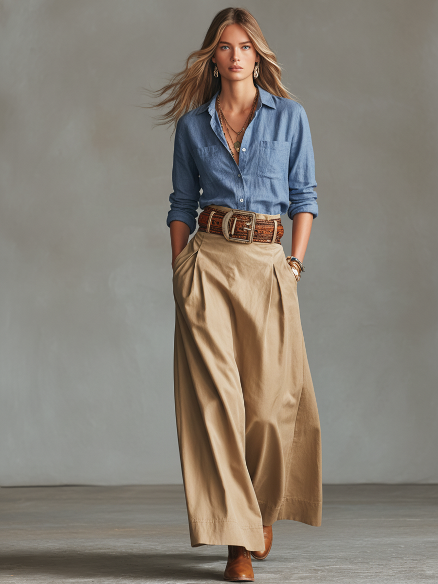 Cotton Wide-Leg Pleated Trousers for Women - Comfortable, High-Waisted, Long Pants with Side Pockets and Belted Design