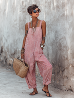 Leinen gestreifter Boho-Overall für Damen, locker sitzend, ärmellos, weites Bein, mit Taschen und umgeschlagenem Saum