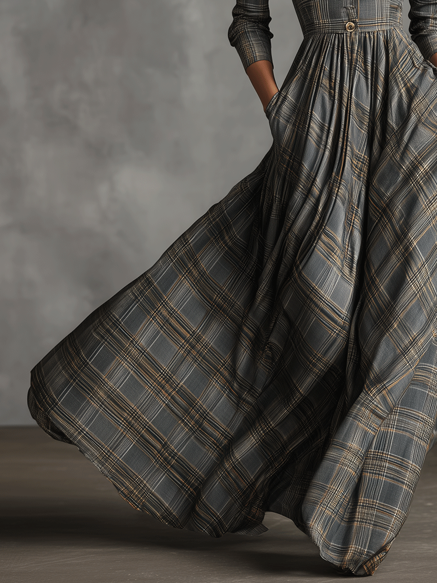 Plaid Wool-Blend Maxi Dress with Button Front and Flared Skirt