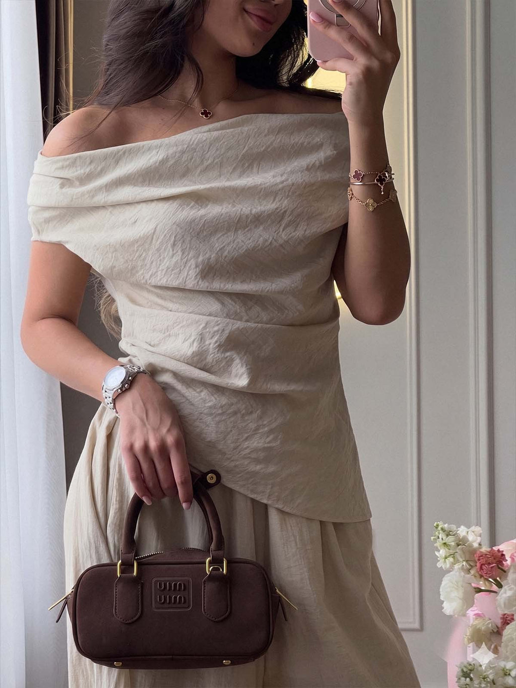 Off Shoulder Crinkled Linen Blend Top
