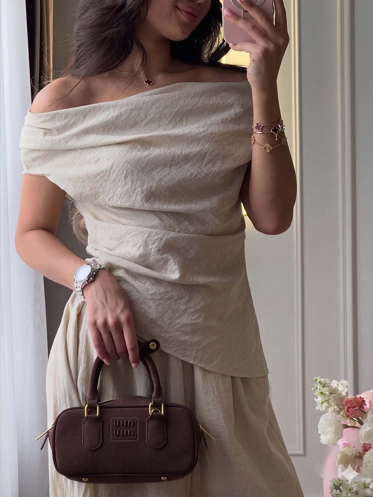 Off Shoulder Crinkled Linen Blend Top