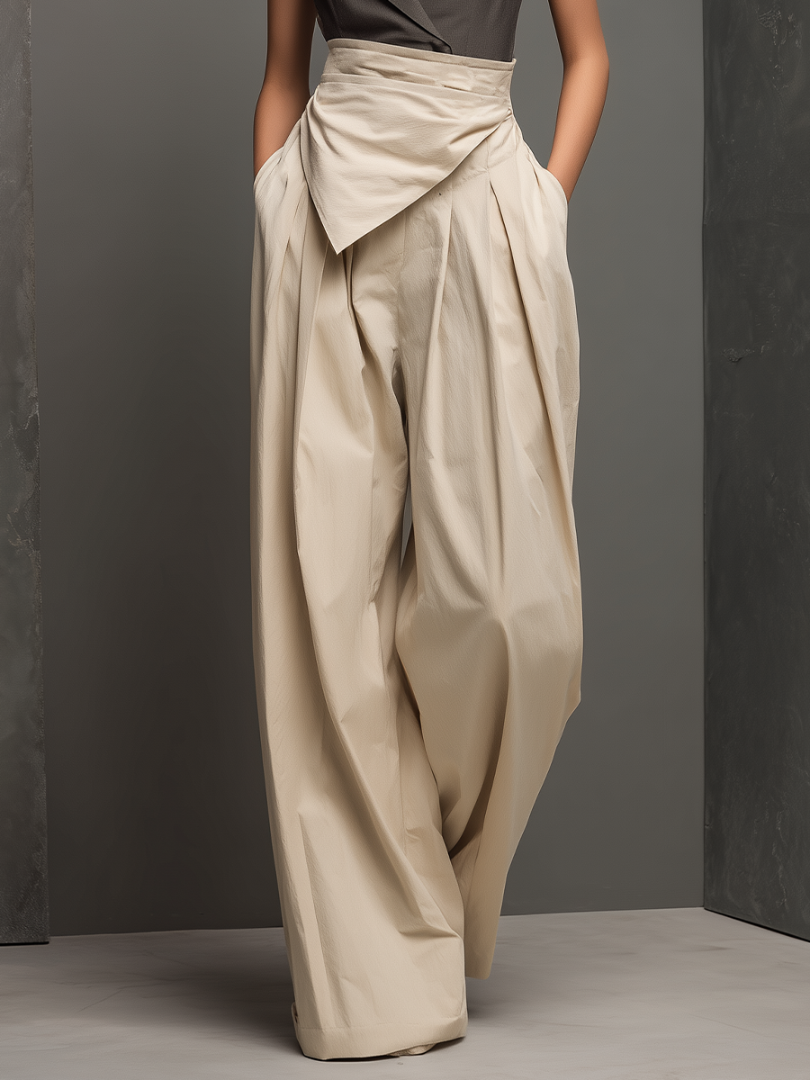 Cotton Blend High-Waisted Wide-Leg Trousers with Draped Waistband and Sleeveless Wrap Top Set