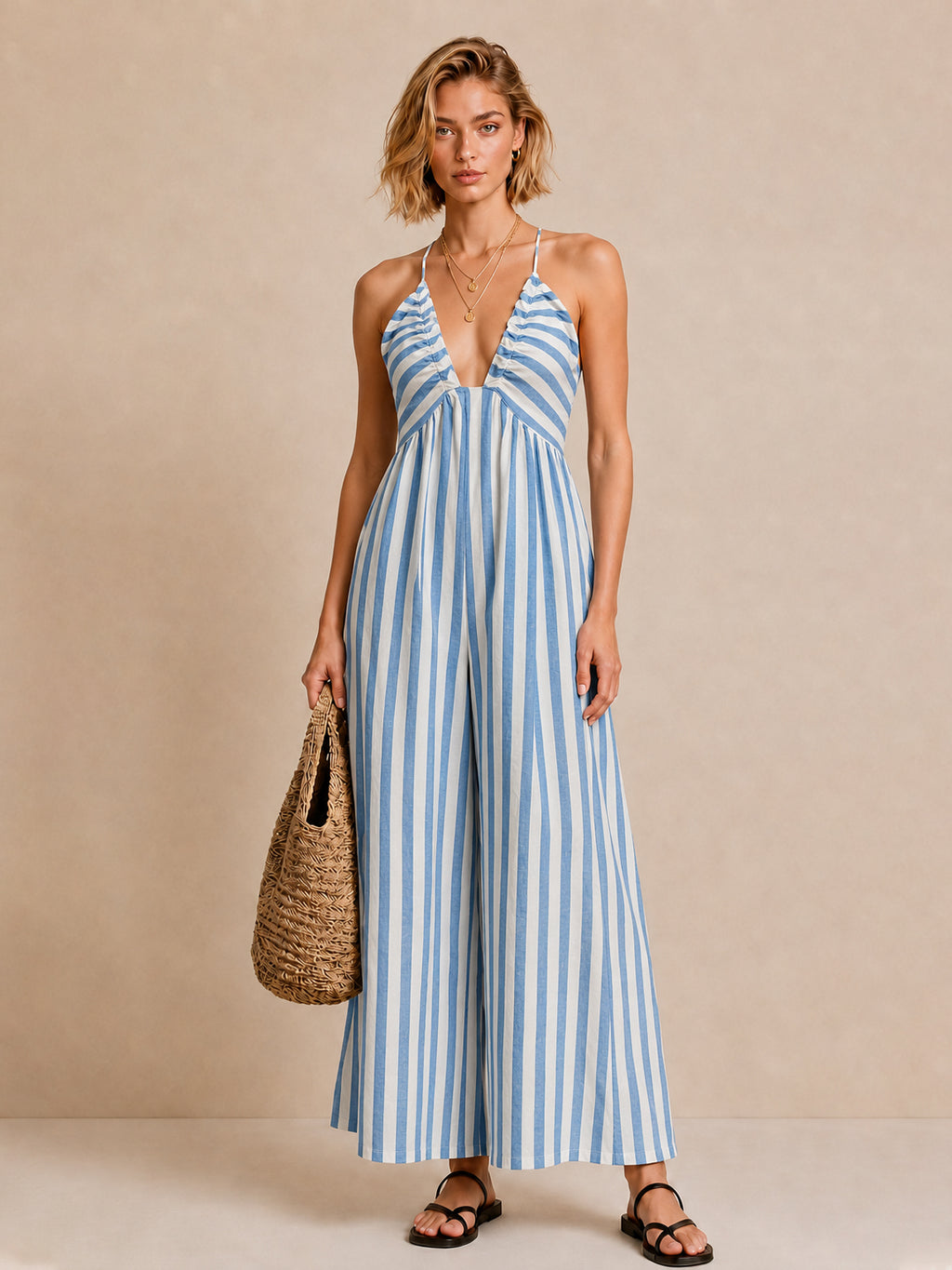 Deep-V Halter Striped Wide Jumpsuit