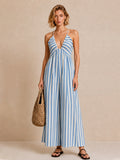 Deep-V Halter Striped Wide Jumpsuit