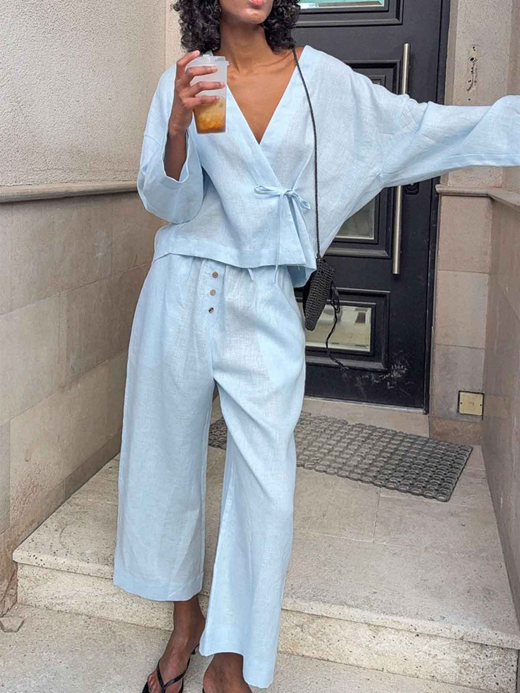 Linen Wrap Top Wide Leg Set