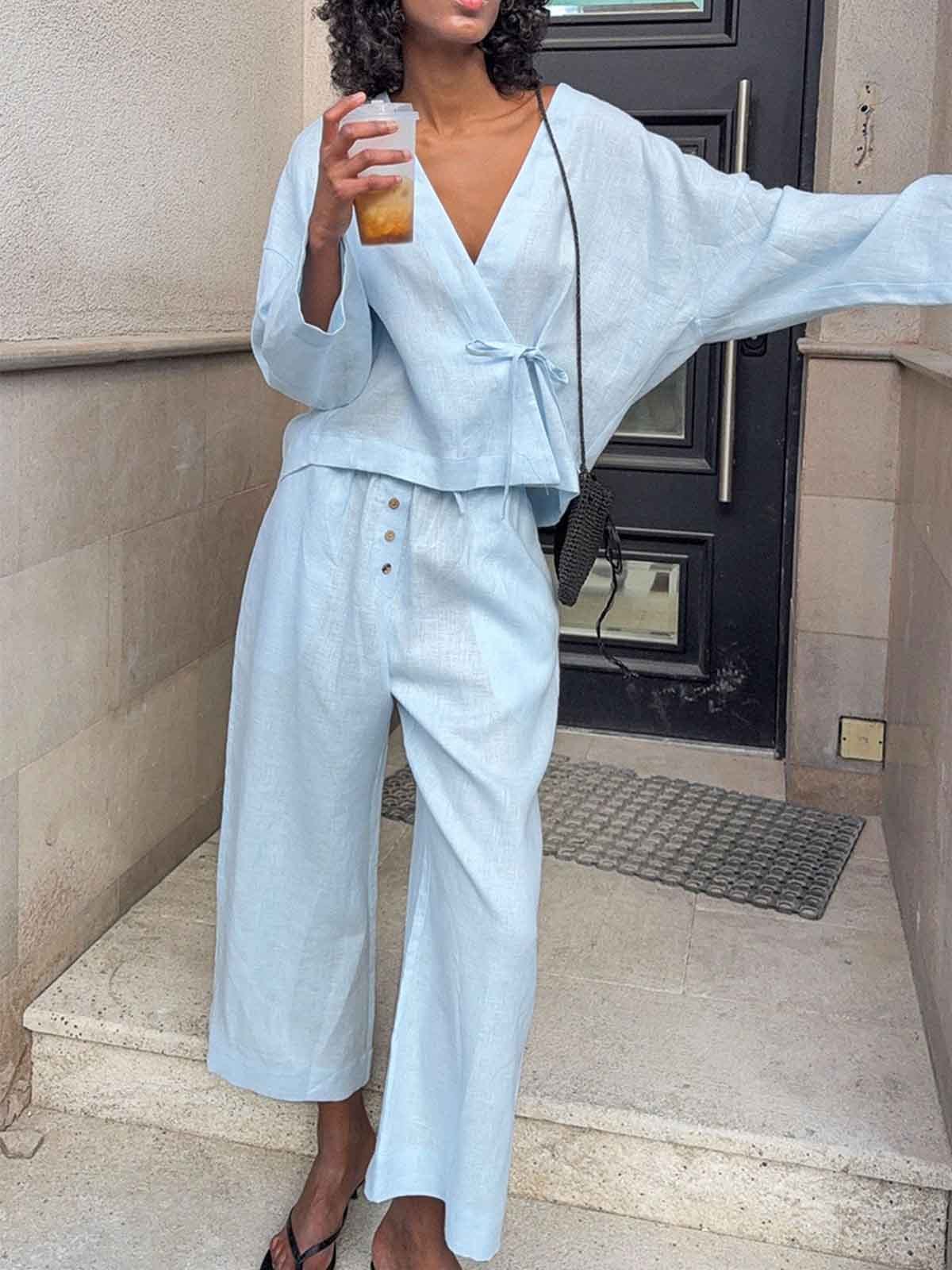 Linen Wrap Top Wide Leg Set