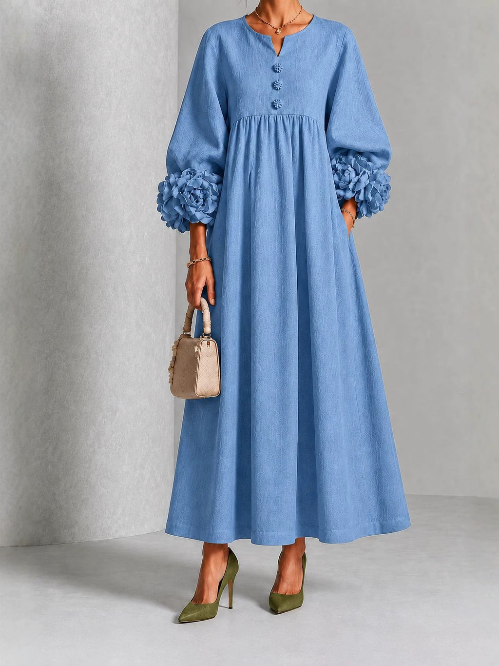 V-Neck Floral Lantern Sleeve Flowy Dress