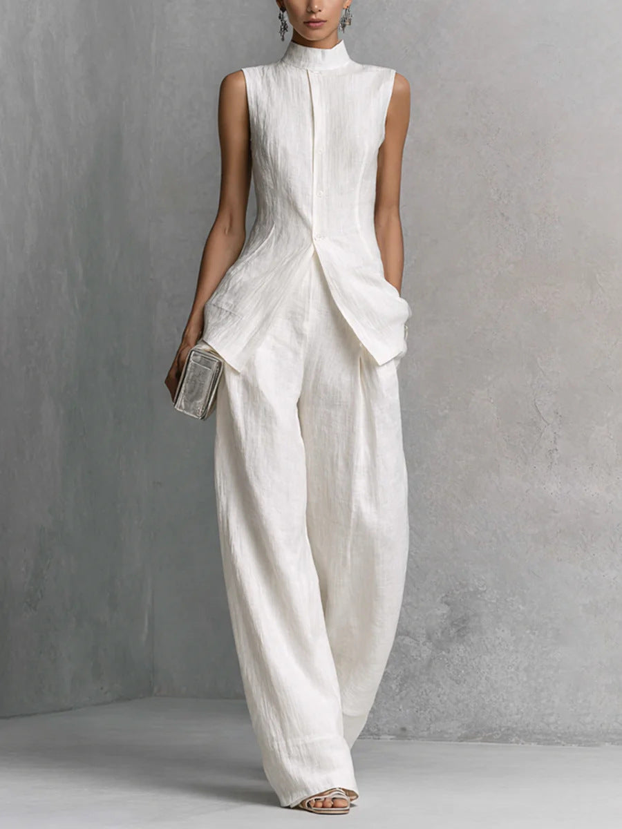 High-Neck Sleeveless Vest & Wide-Leg Pants Set
