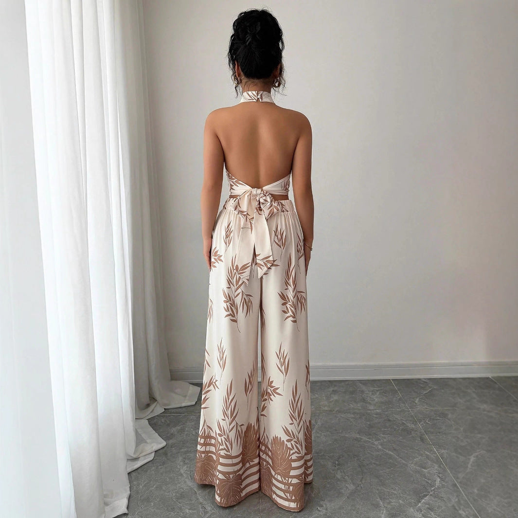 Leaf Print Halter Neck Crop Top & Wide-Leg Pants Set