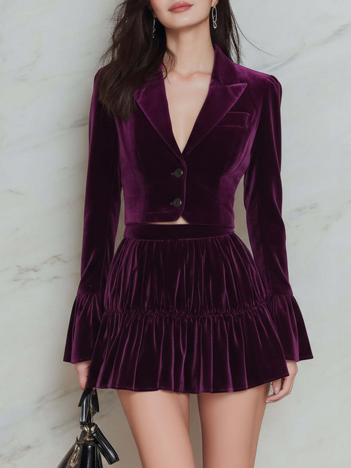 Short Blazer And Double-layered Pleated Skirt Set