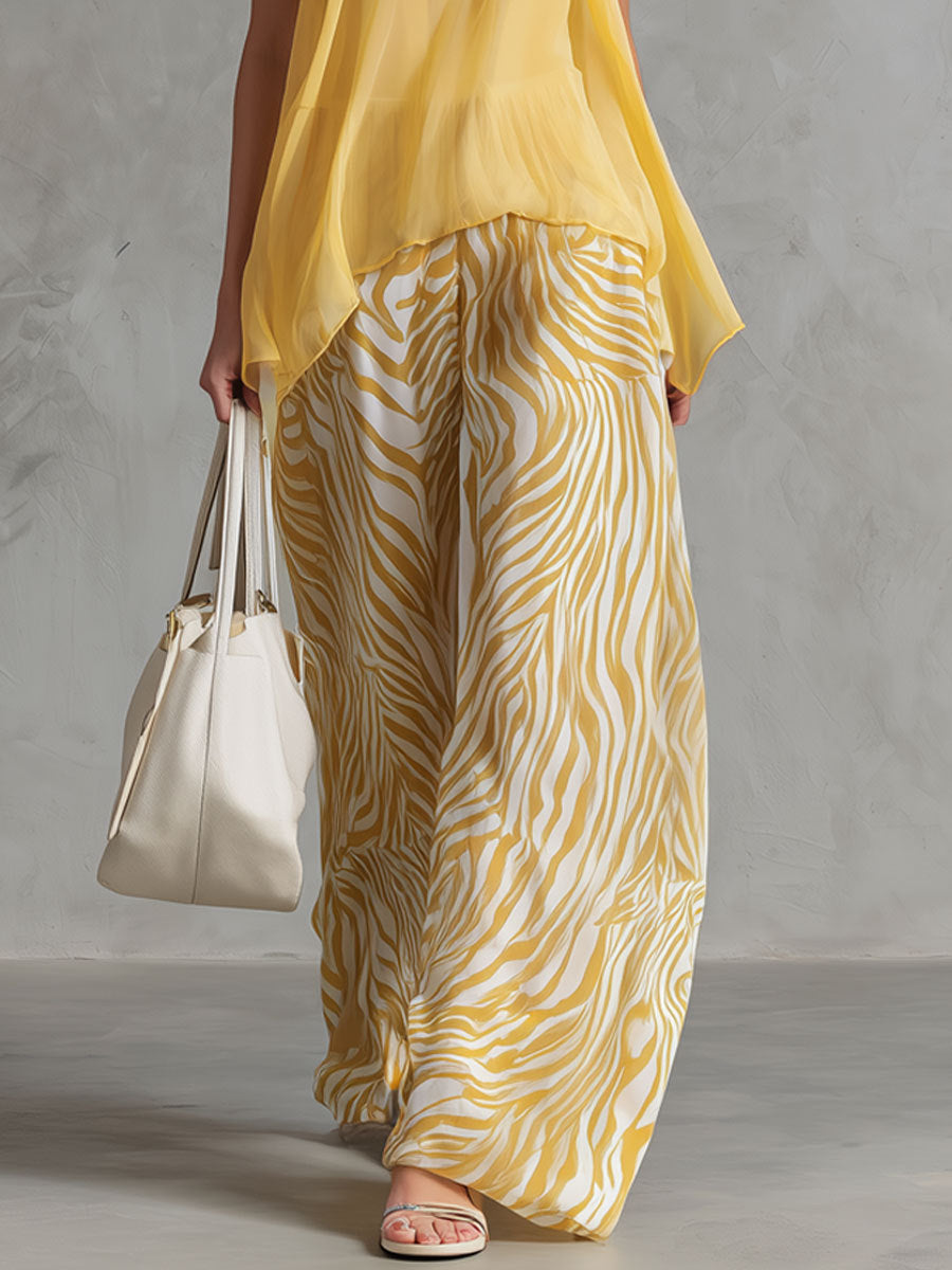 Chiffon Sleeveless V-Neck Top with Zebra Print Wide Leg Pants Set