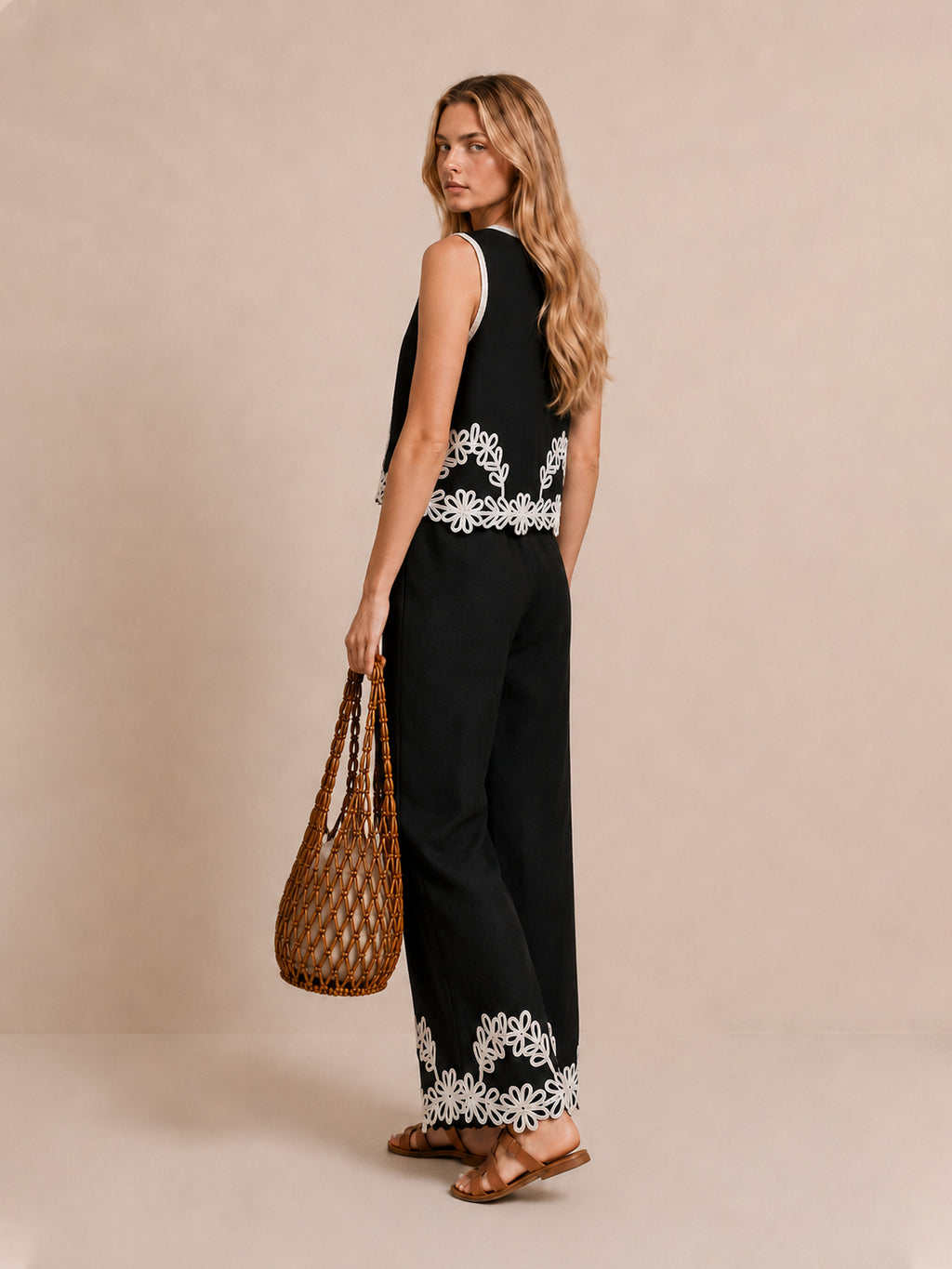 Floral Embroidered Vest & Wide Leg Pants Set