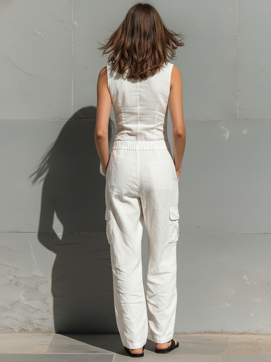 Cotton Linen Sleeveless Cargo Jumpsuit for Women Summer Casual Loose Fit Overalls with Button Front and Multiple Pockets