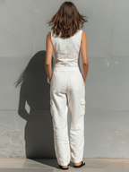 Ärmelloser Cargo-Overall aus Baumwollleinen für Damen, Sommer, lässiger, locker sitzender Overall mit Knopfleiste vorne und mehreren Taschen