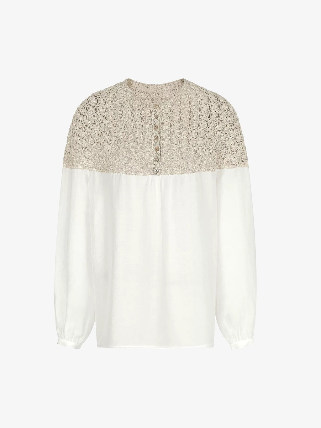 Crochet-Yoke Long-Sleeve Blouse