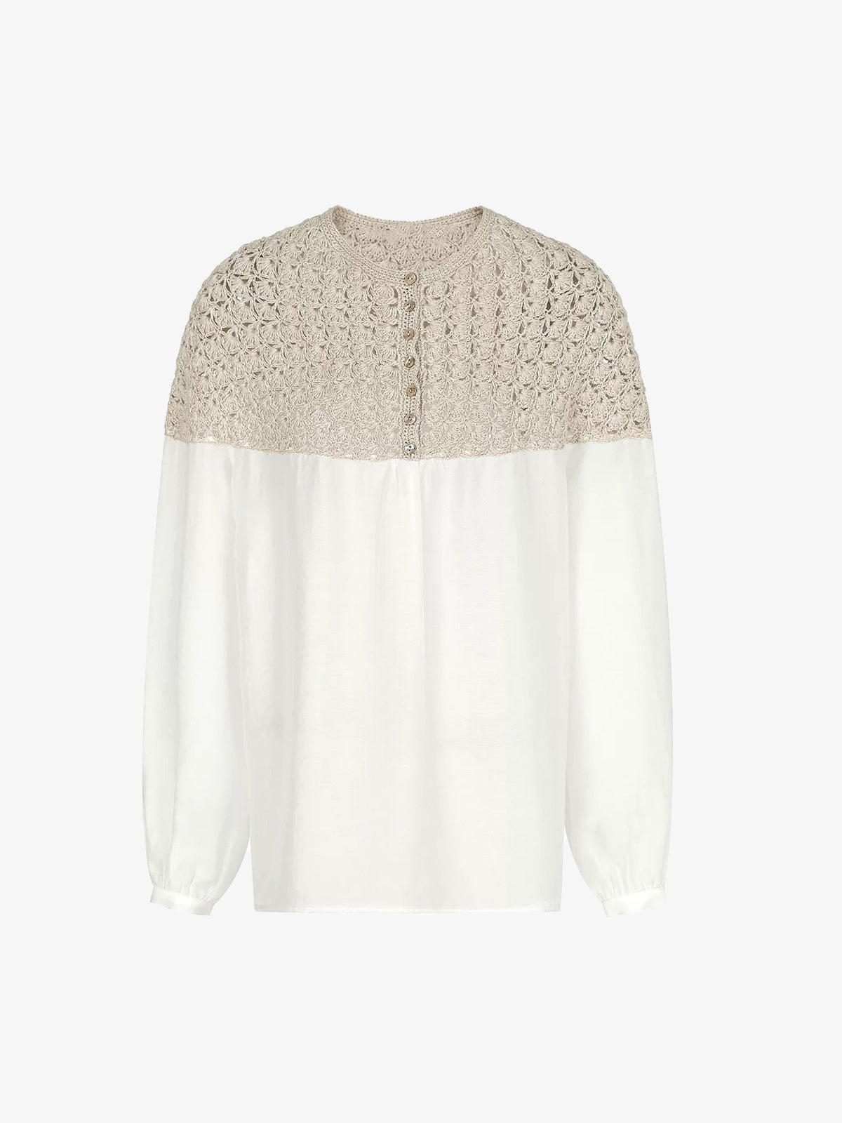 Crochet-Yoke Long-Sleeve Blouse