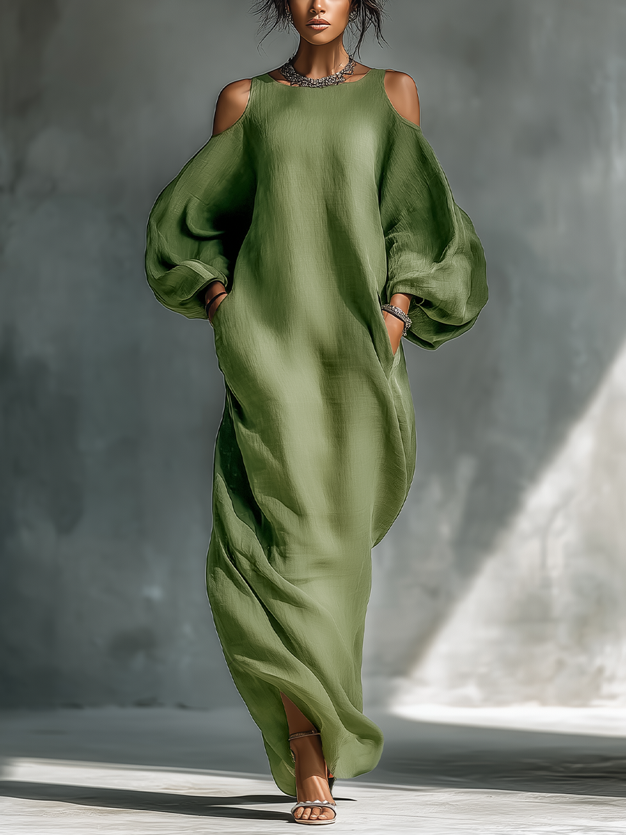 Linen Cold Shoulder Maxi Dress for Women Boho Long Sleeve Flowy Summer Dress Elegant Oversized Loose Fit Beach Vacation Dress
