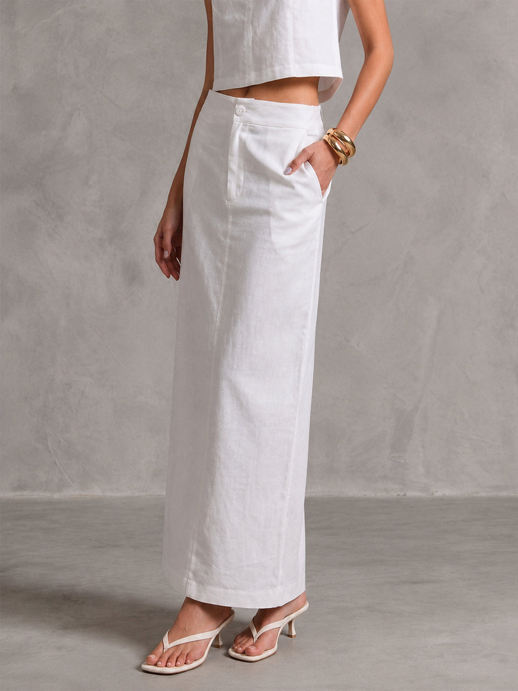 White Linen-Blend Sleeveless Cropped Top with Back Button Detail