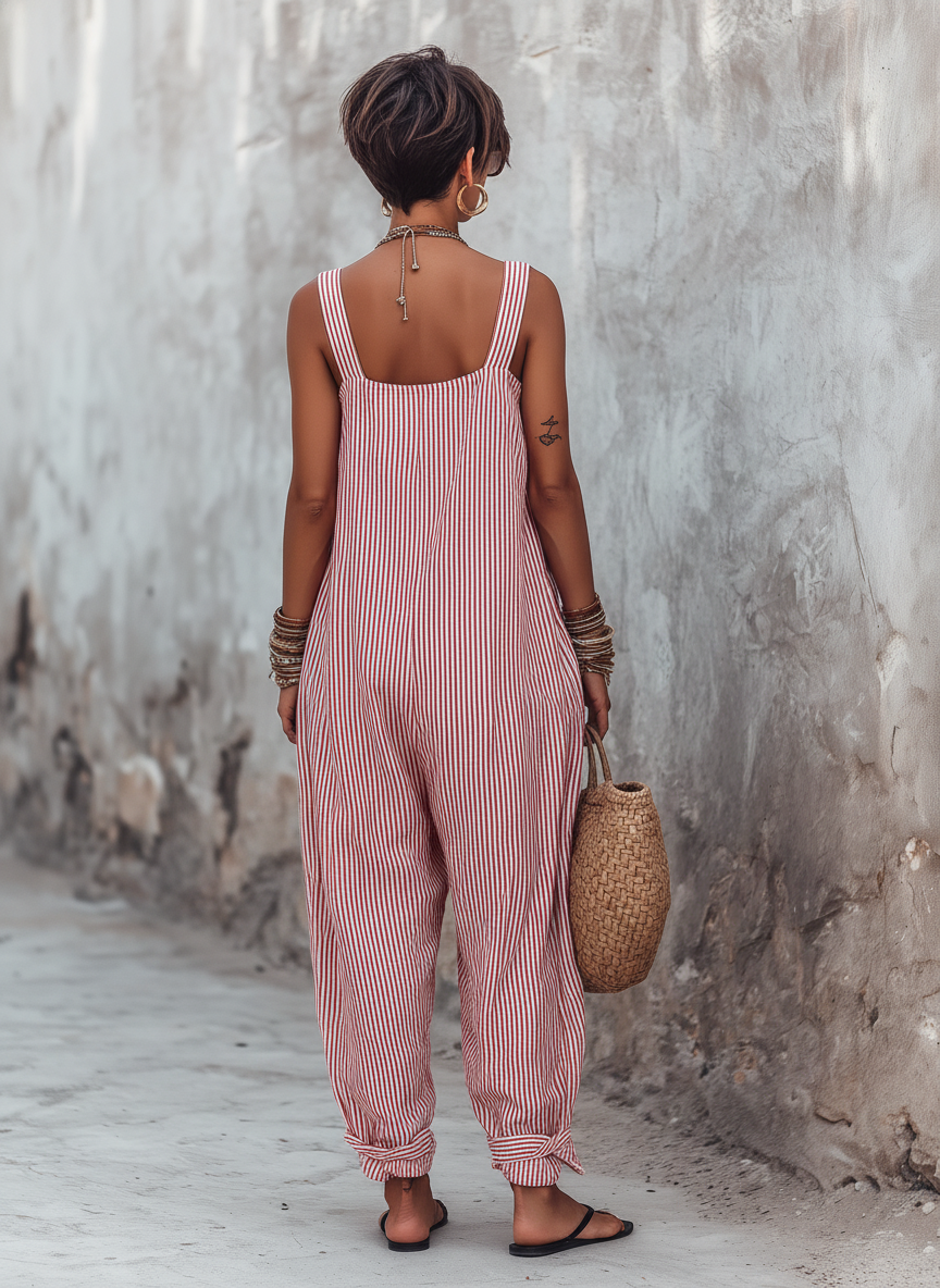 Linen Striped Boho Jumpsuit for Women Summer Loose Fit Sleeveless Wide Leg Overalls with Pocket and Cuffed Hem