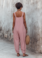 Leinen gestreifter Boho-Overall für Damen, locker sitzend, ärmellos, weites Bein, mit Taschen und umgeschlagenem Saum