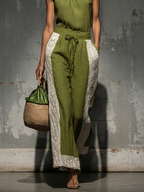 Conjunto de top de lino con cuello halter y pantalón con paneles de encaje - Conjunto veraniego de estilo bohemio chic