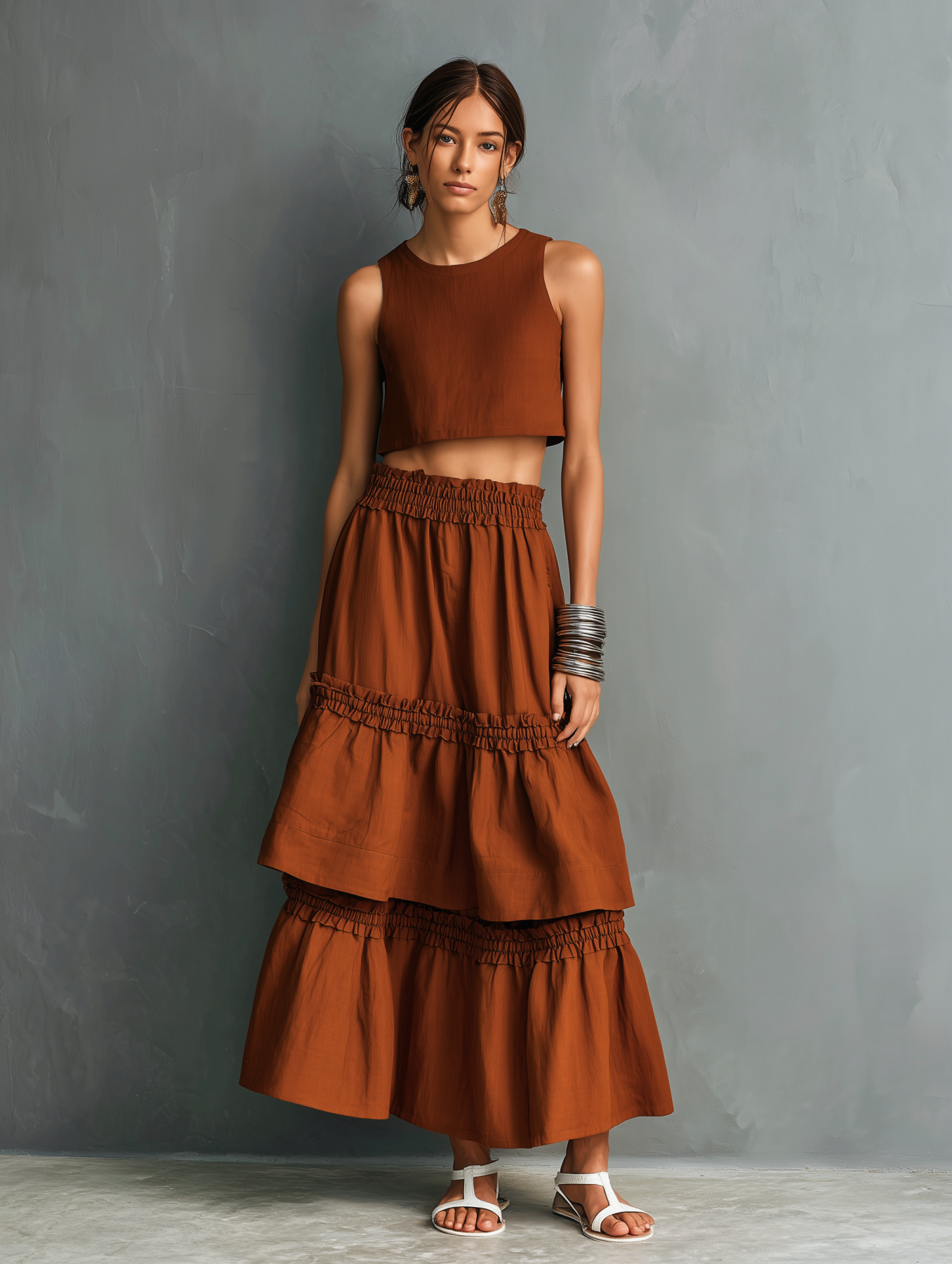 Cotton Linen Two-Piece Set Rust Brown Crop Top and Tiered Midi Skirt Boho Style Women's Outfit