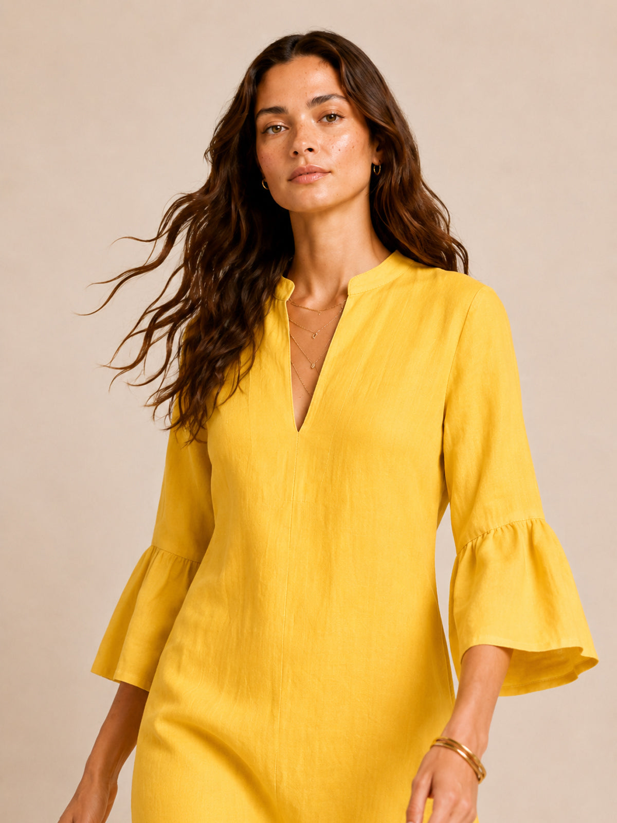 V-Neck Bell Sleeve Linen Dress