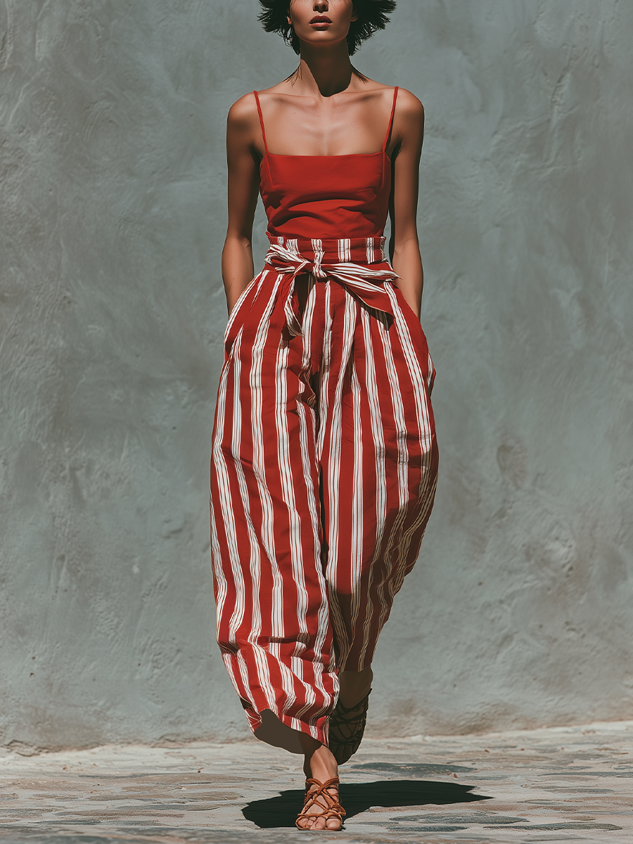Cotton Linen Red Striped Wide Leg Pants with Tie Waist High Waisted Palazzo Trousers for Women Summer Boho Fashion