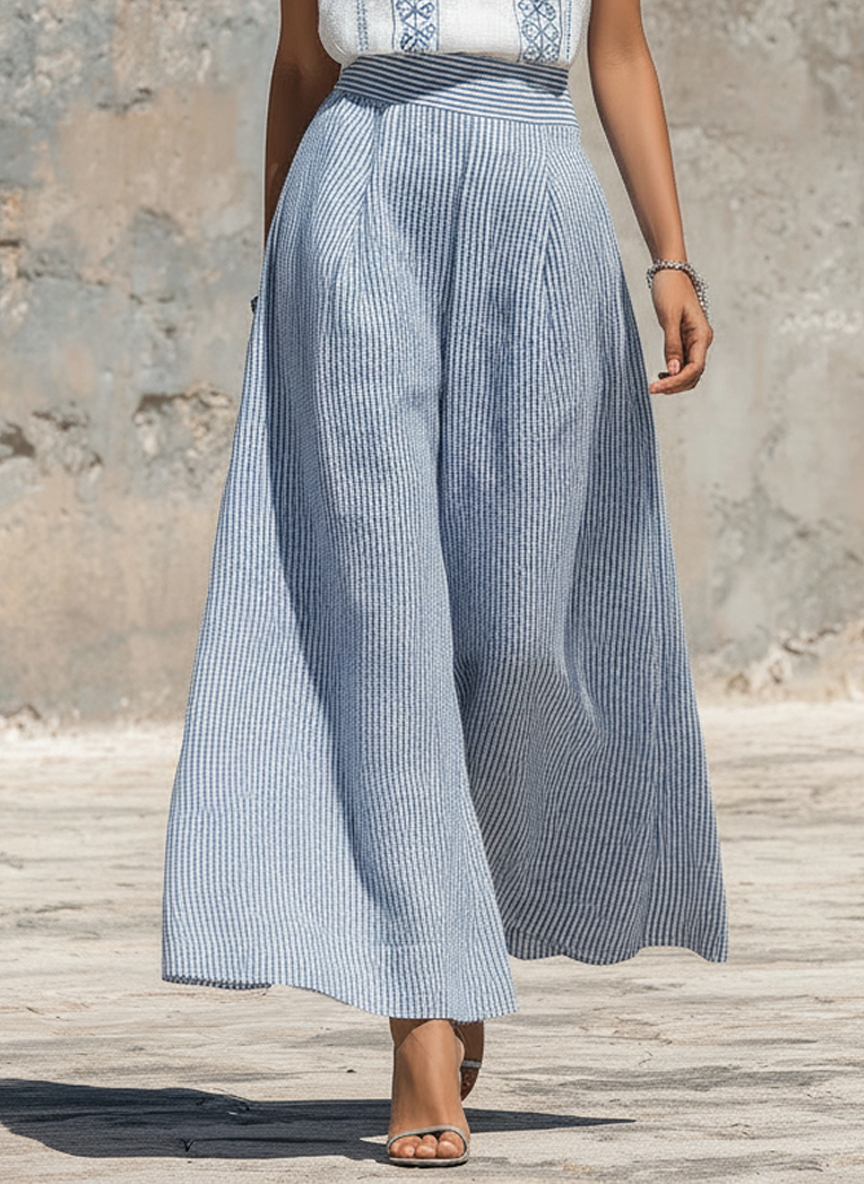 Cotton Linen Sleeveless Embroidered Top with Striped Wide Leg Pants Set for Women Summer Boho Casual Outfit