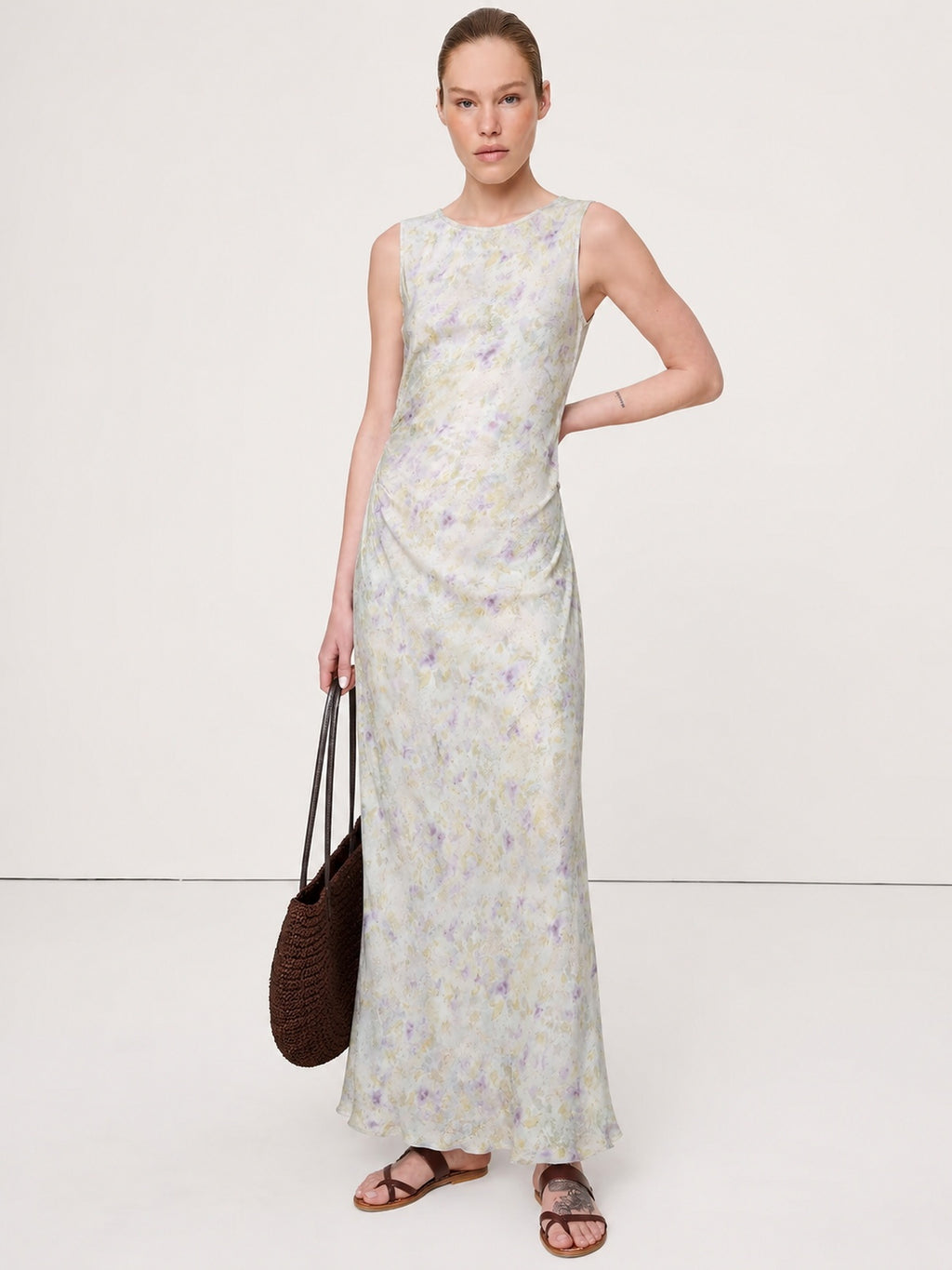 Xiangyun Silk Pastel Floral Draped Maxi Dress