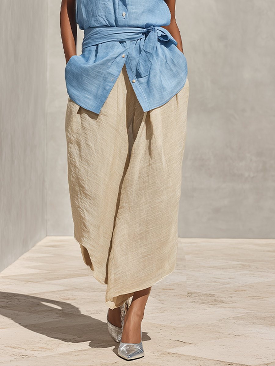 Linen Sleeveless Button-Down Top with Tie Waist and Beige Linen Midi Skirt Set