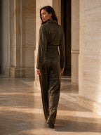 Wrap-Front Draped Waist Wide-Leg Set