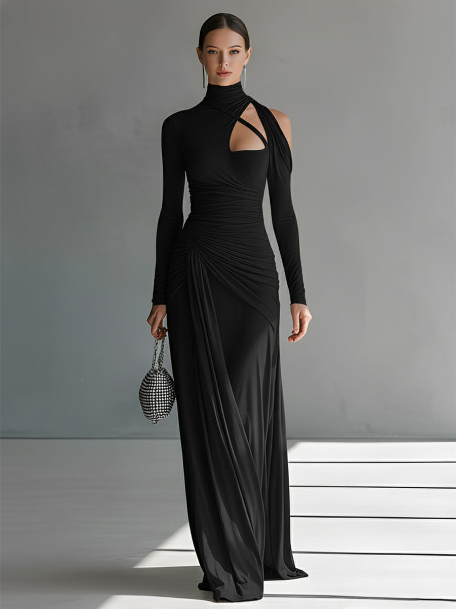 Stretch Knit Long Sleeve High Neck Draped Maxi Dress with Cut-Out Detail