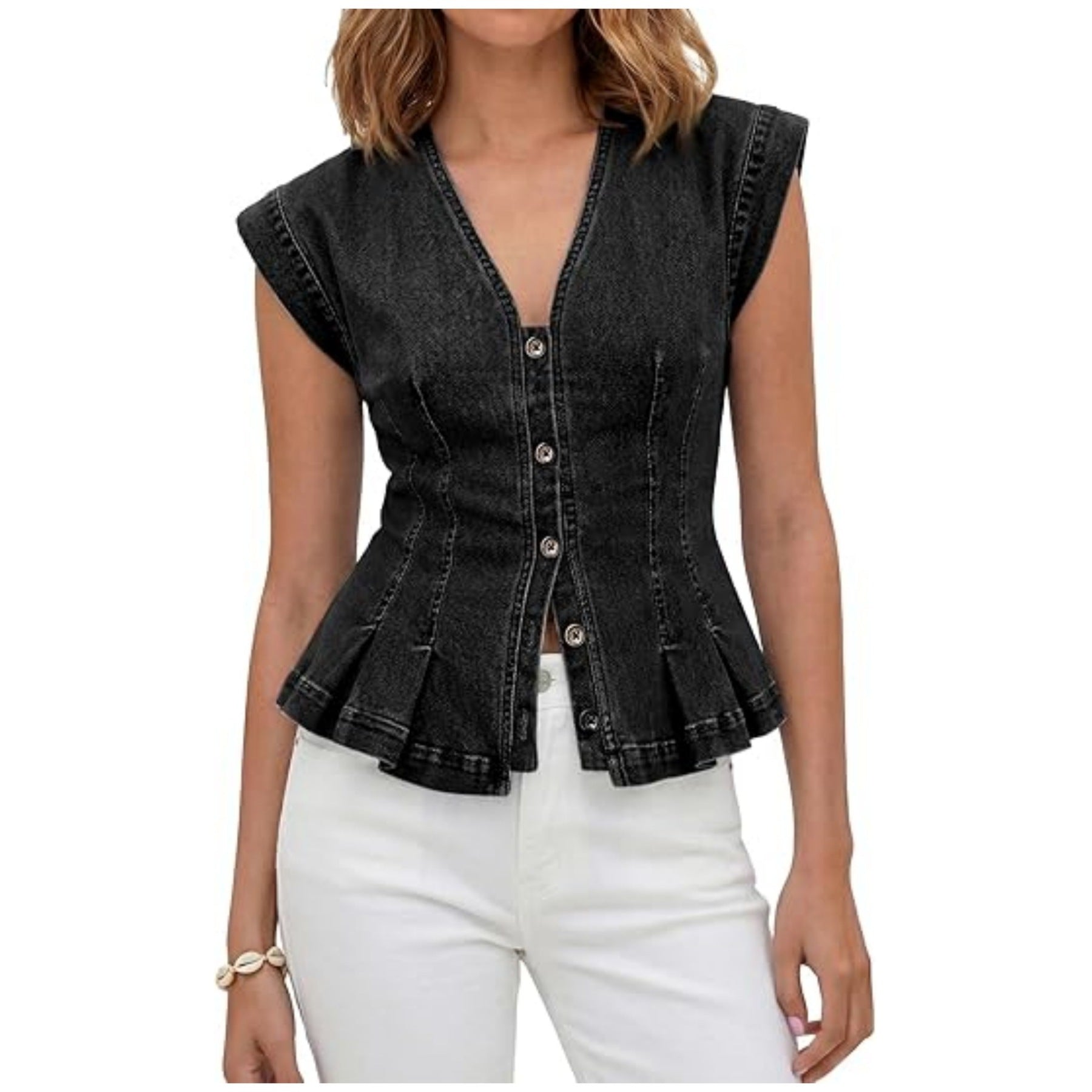Denim V-Neck Peplum Top