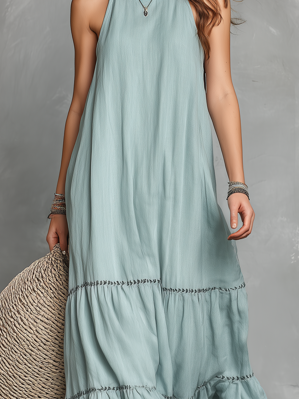 Lightweight Linen Maxi Dress with Tiered Hem and Halter Neckline