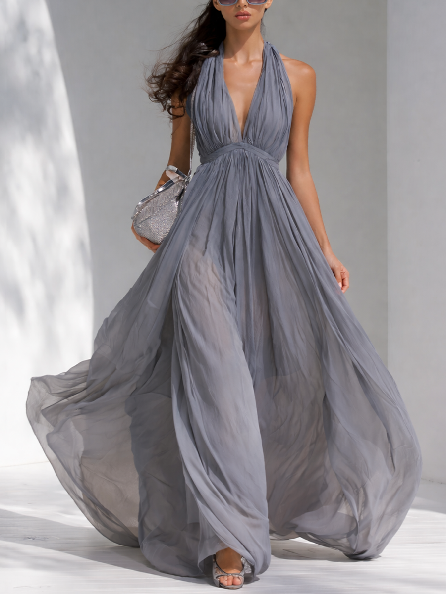 Chiffon Maxi Dress with Deep V-Neck and Halter Design for Elegant Evening Wear