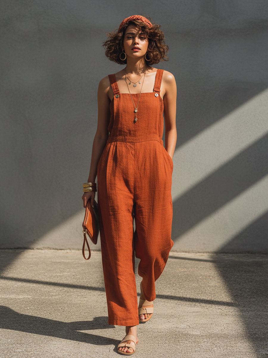 Linen Overalls Women Rust Color Sleeveless Jumpsuit Wide Leg Casual Summer Outfit Comfortable Breathable Dress